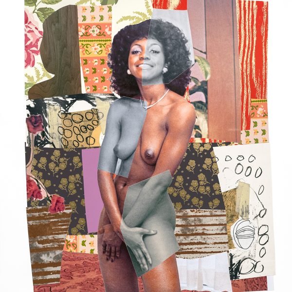 July 1977, Mickalene Thomas. 2019
Relief, screen print, intaglio, wood veneer, archival inkjet, copper and gold foil stamping, chine collé, collage
41 x 34 inches
Edition of 25